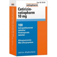 CETIRIZIN-RATIOPHARM 10 mg tabl, kalvopääll 100 fol